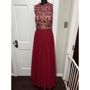 Maroon Red Lace Rhinestone Pageant Homecoming Prom Formal Long Dress Size 15